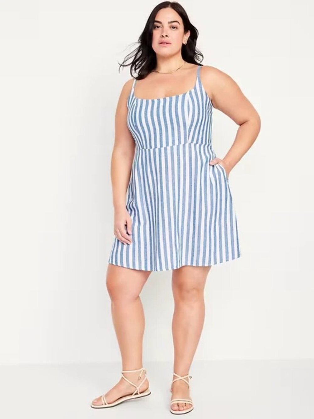 Old Navy XL Linen Blend Cami Mini Dress Blue White Stripe Pockets Smocked Beach